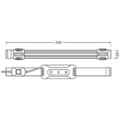 Dessin technique d'un tube LED avec les dimensions suivantes : longueur 245 mm, diamètre 25 mm. Présente les connexions et les composants internes.