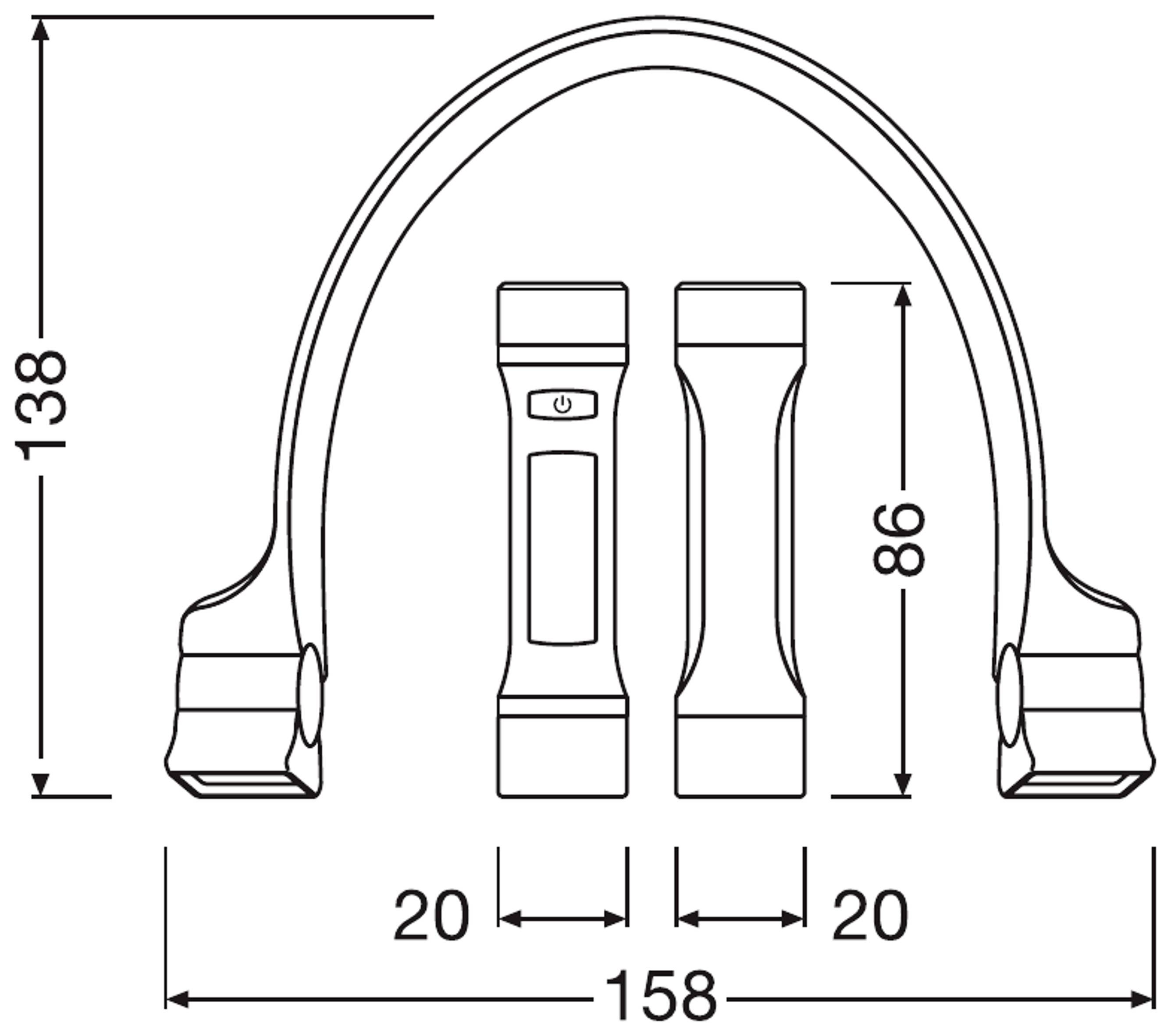 Diagramme d'un modèle de cadenas de vélo avec dimensions : Longueur 158 mm, Largeur 20 mm, Hauteur 138 mm. Cadenas à batterie avec interrupteur.