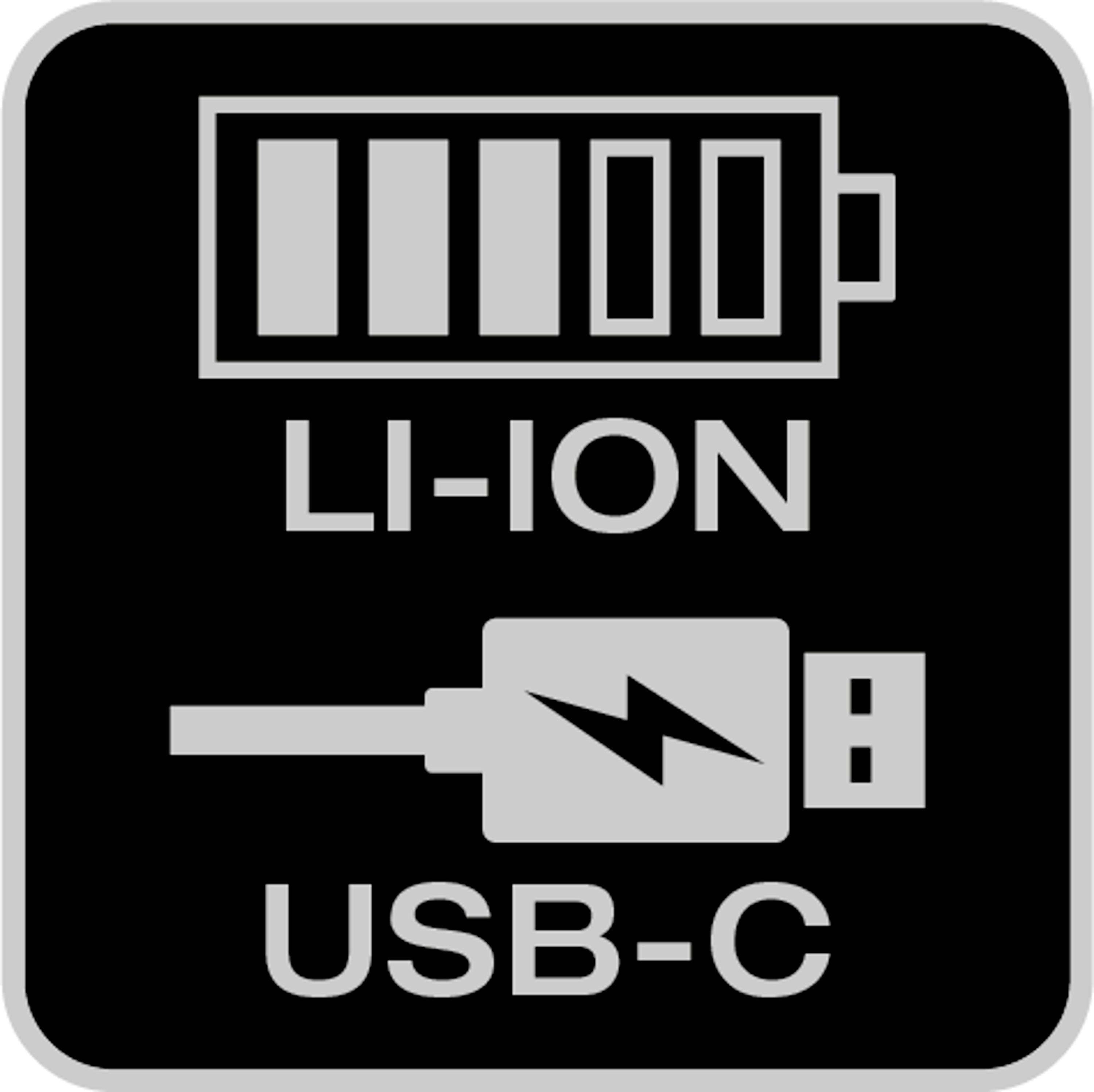Symbole pour batteries lithium-ion et port USB-C. Montre une batterie et une prise USB-C avec un symbole d'éclair, suggérant la compatibilité.