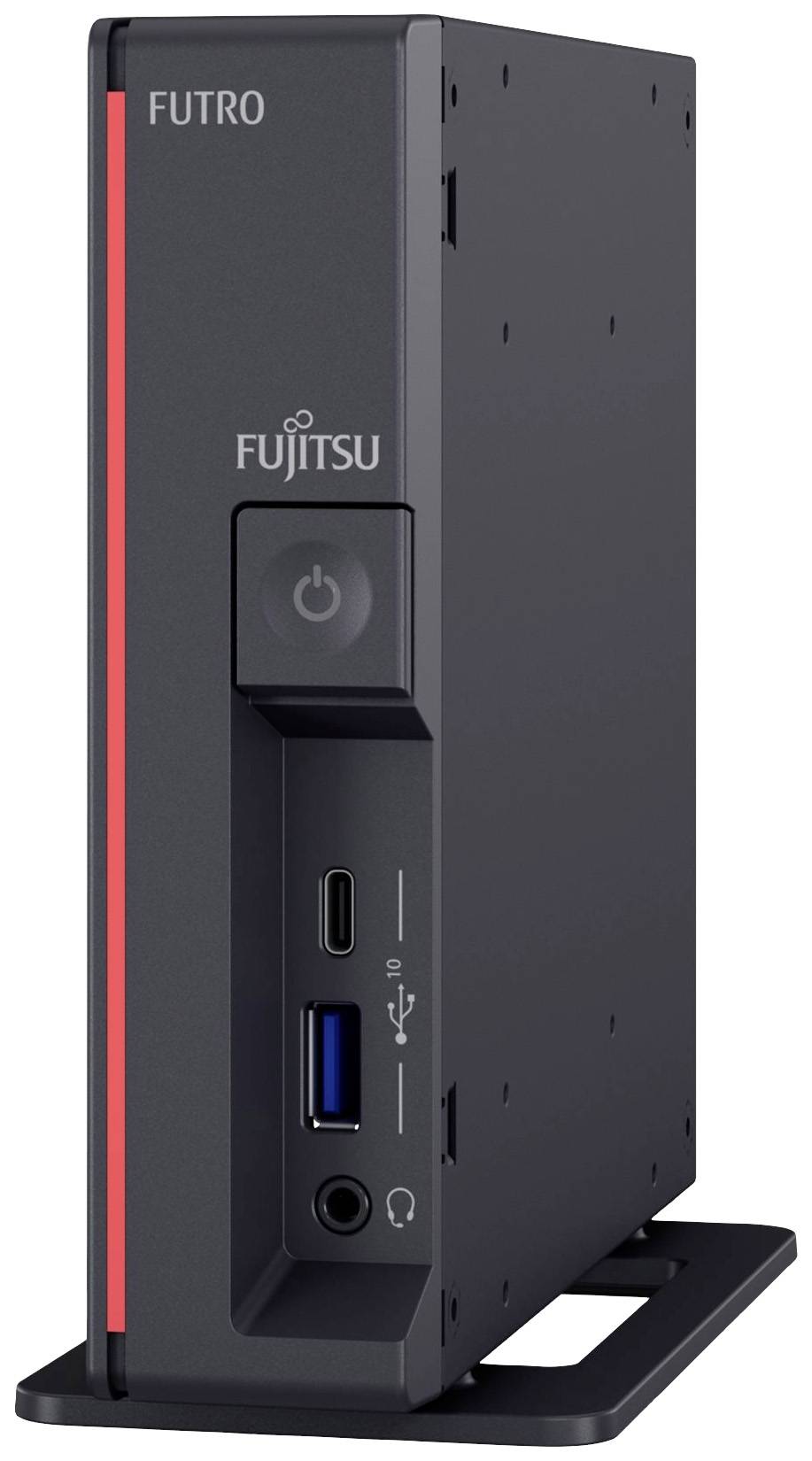 Un client léger Fujitsu Futro noir avec port USB, port pour casque et bouton d'alimentation, posé sur un support.