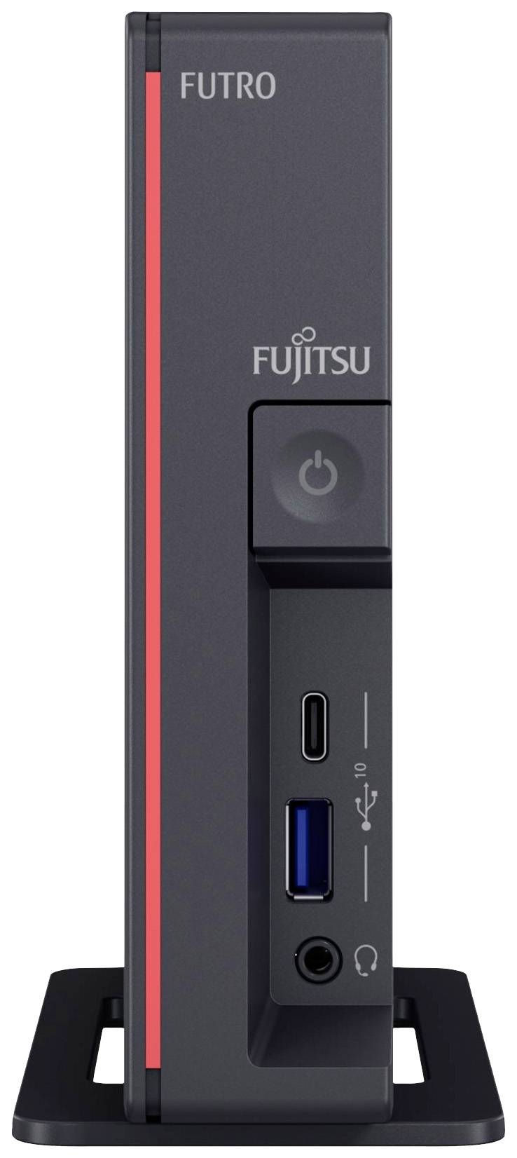 Ordinateur mini-PC Fujitsu FUTRO noir vu de face, avec une bande rouge et un bouton marche bien visible. Comprend des ports USB et des prises audio.