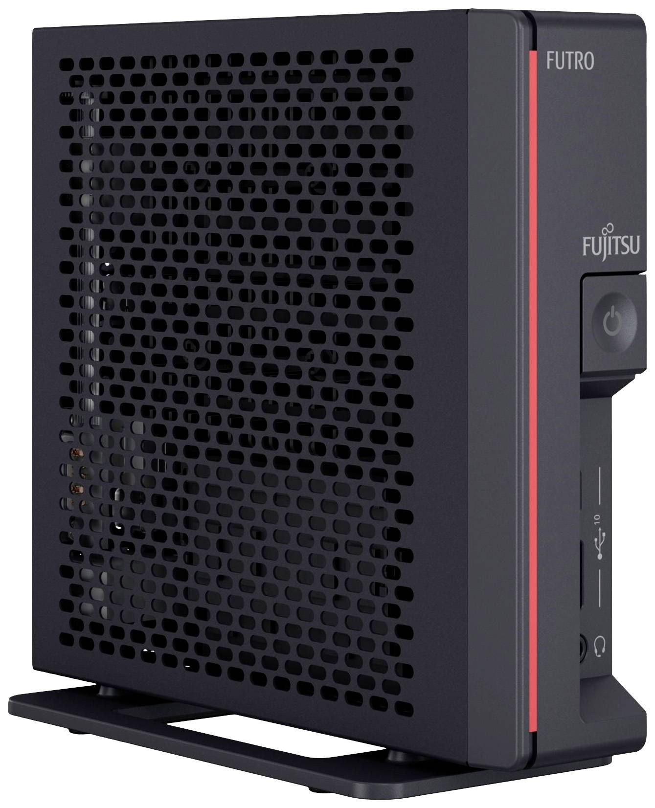 Client léger Fujitsu FUTRO noir à surface perforée, détail rouge distinctif, deux ports USB et support de base.