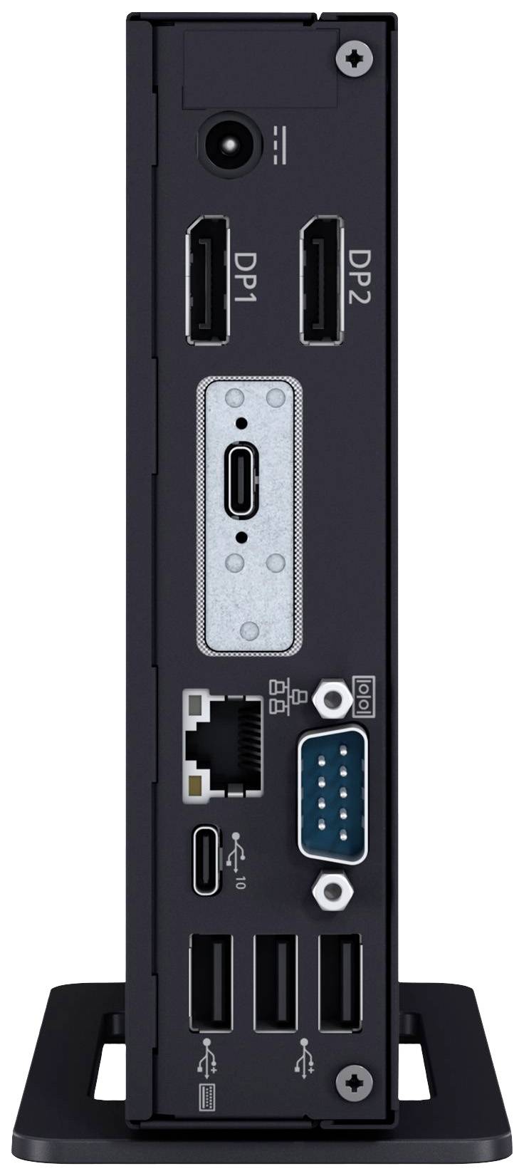 Une station d'accueil noire pour ordinateur. Présente deux ports DisplayPort et un port USB-C, ainsi que des connexions Ethernet, USB et audio.