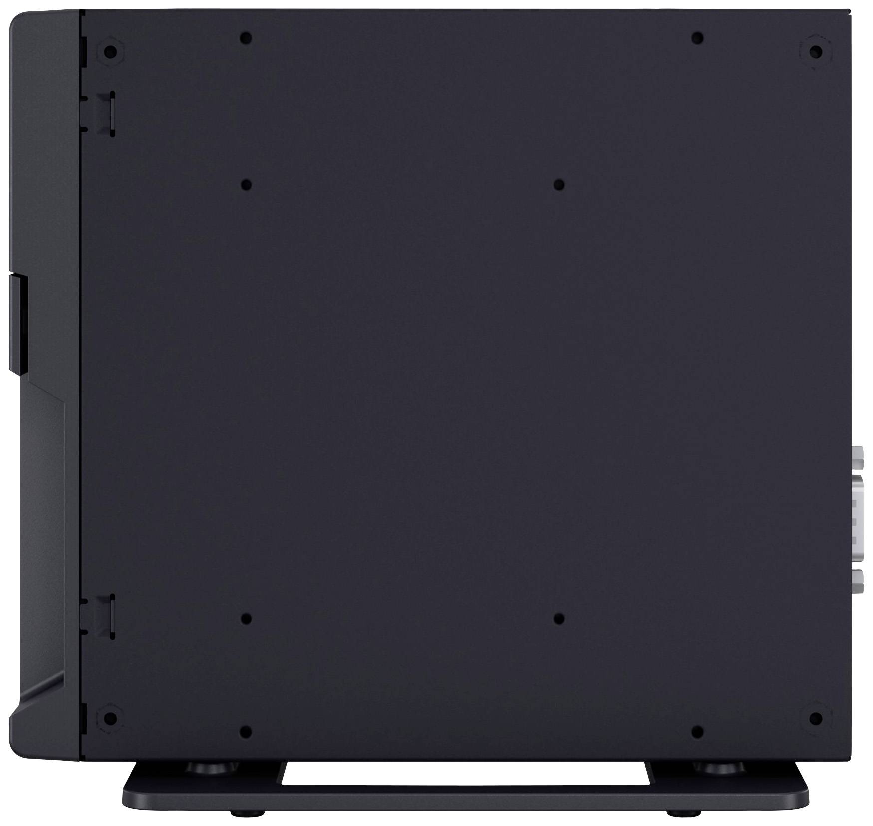 Boîtier d'ordinateur rectangulaire noir vu de côté, sans logos ni connexions visibles.