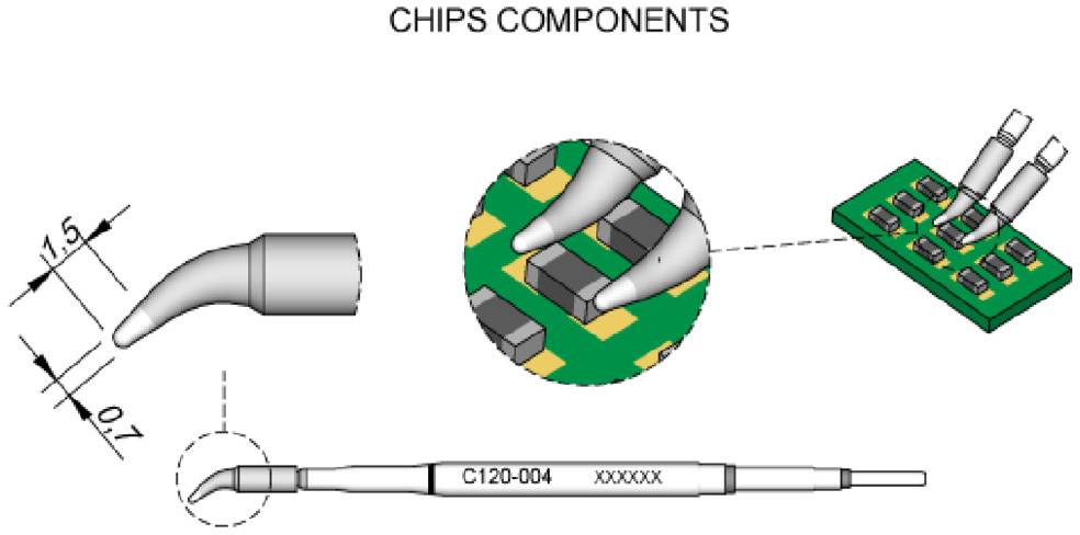 Le diagramme montre la pointe de fer à souder avec ses dimensions. Un gros plan présente le contact avec un composant de puce sur un circuit imprimé vert. Étiqueté C120-004.