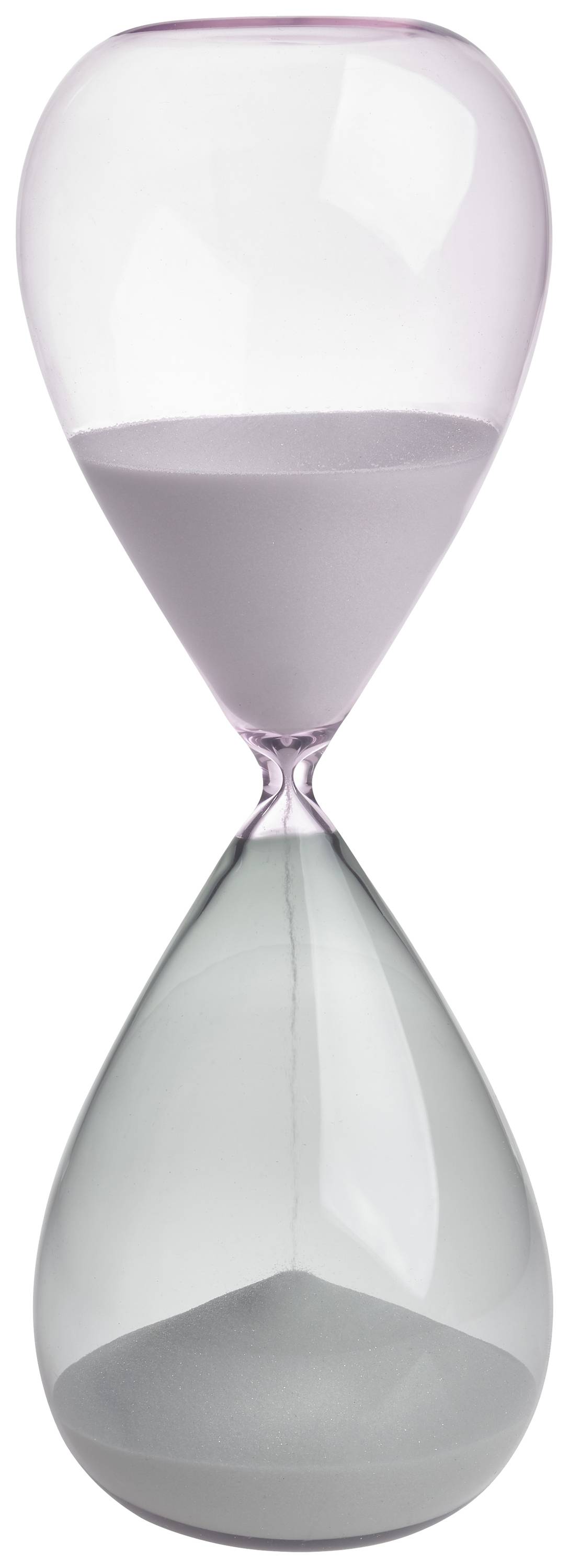 Sablier avec du sable rose remplissant lentement la partie inférieure, symbole du temps ou de la patience.