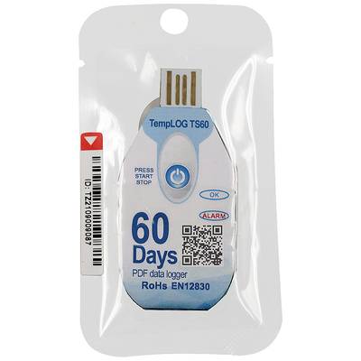 Un enregistreur de température TS60 pour la surveillance de la température sur 60 jours, avec un bouton Marche/Arrêt et un code QR. Adapté pour l'enregistrement de données au format PDF.