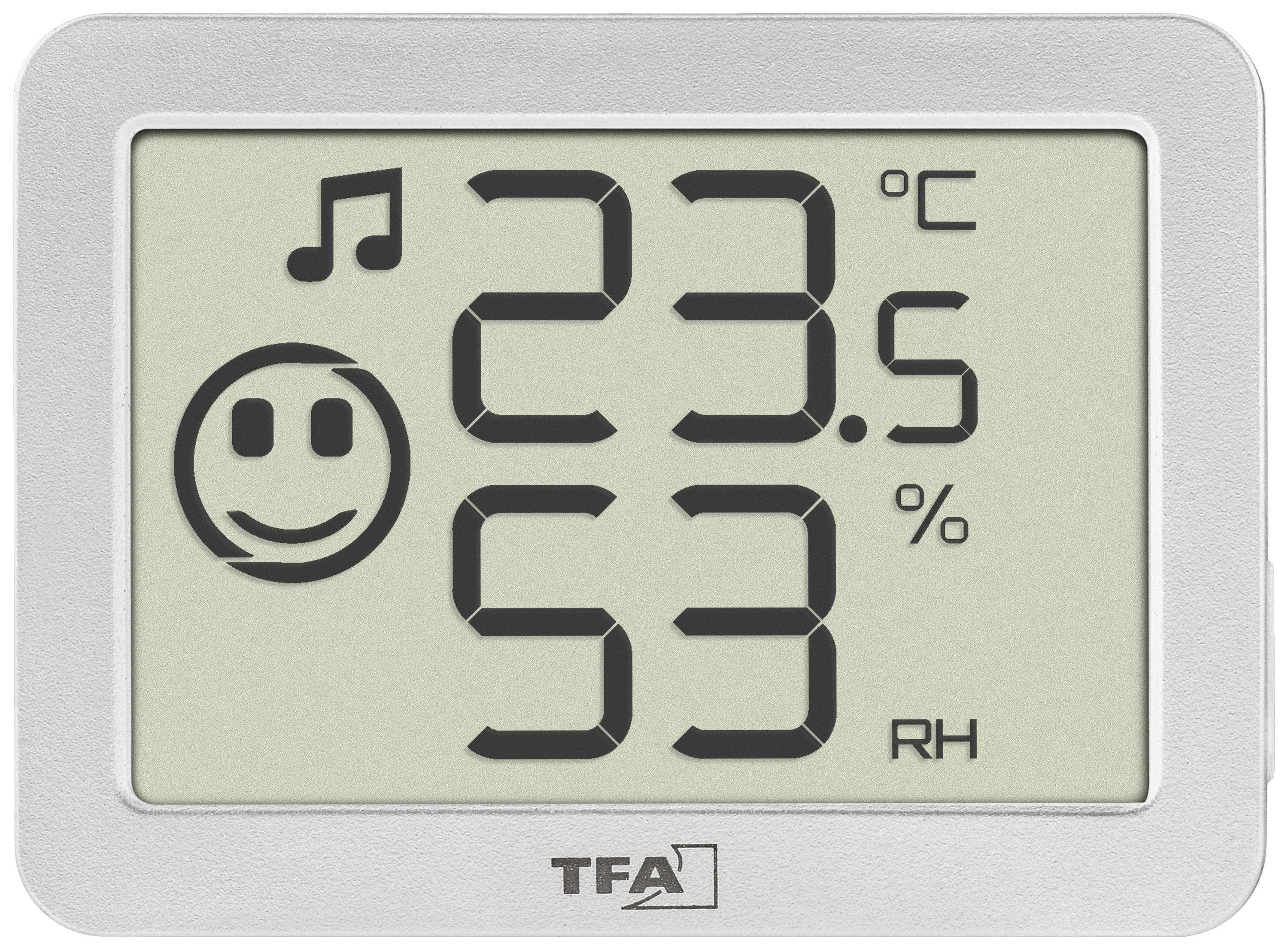 Thermomètre et hygromètre numériques affichent 23,5 degrés Celsius et 53 pour cent d'humidité. L'icône de smiley indique un climat agréable.