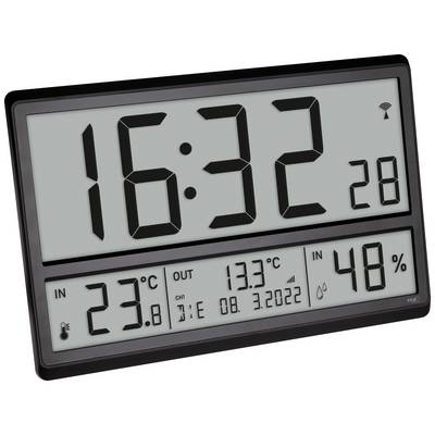 Horloge murale numérique affiche 16:32, 28ème jour. La température intérieure et extérieure est de 23,8°C et 13,3°C respectivement. L'humidité relative est de 48%.