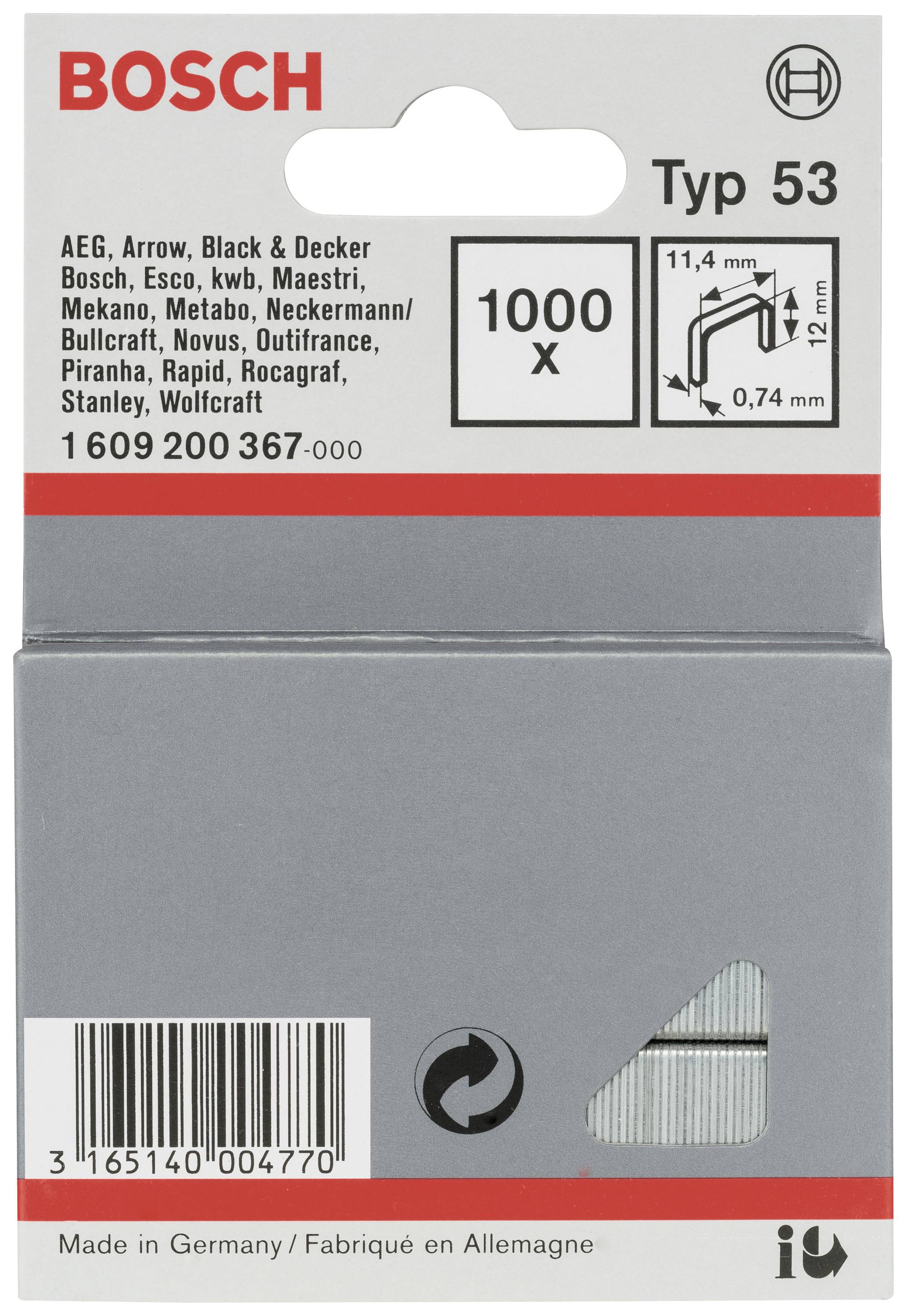 L'emballage contient 1000 agrafes Bosch de type 53, adaptées à des marques telles que AEG, Arrow, Black & Decker, avec des dimensions de 11,4 x 12 mm.