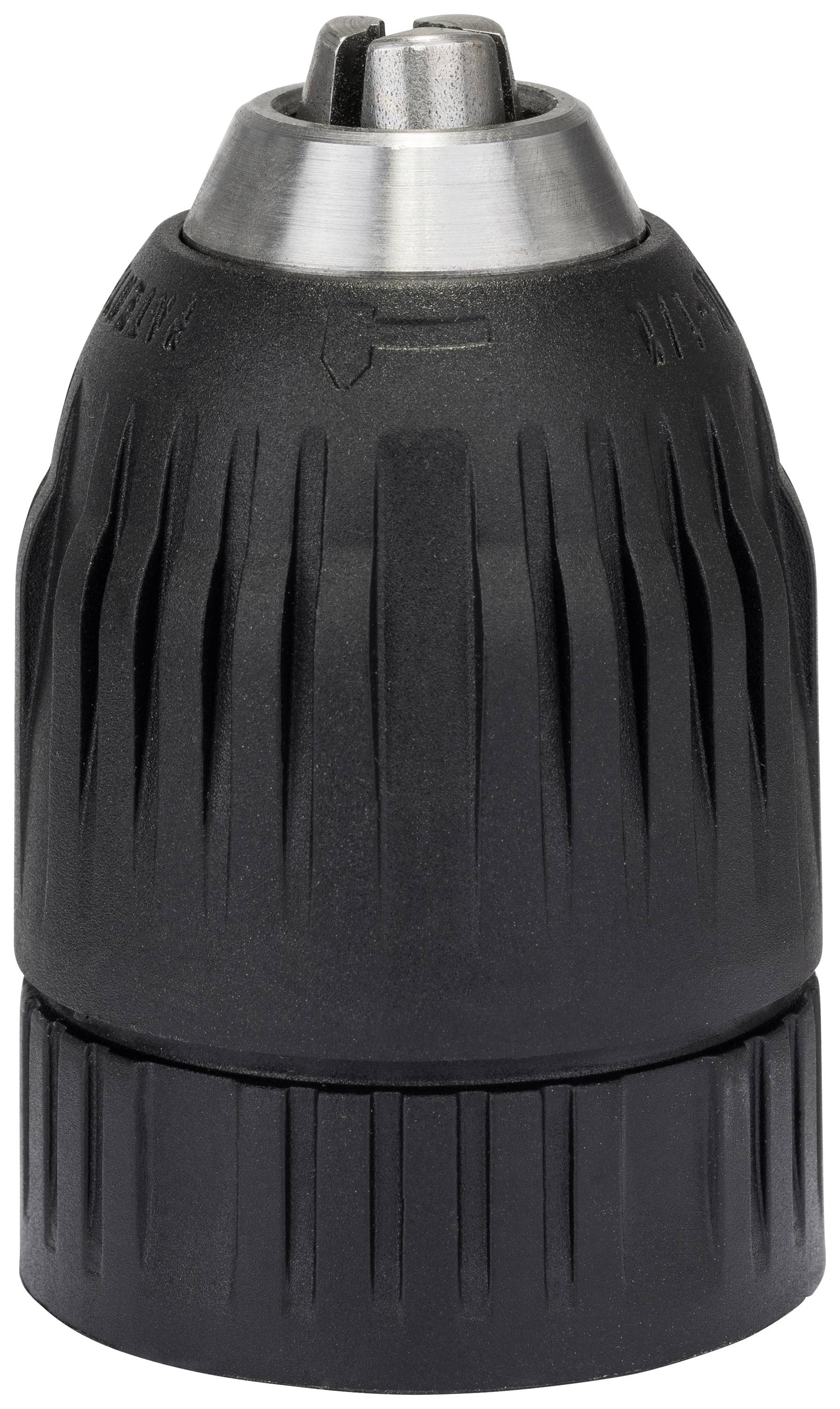 L'image représente un mandrin de perceuse en plastique noir avec un capuchon métallique, généralement utilisé sur les perceuses pour maintenir les forets.