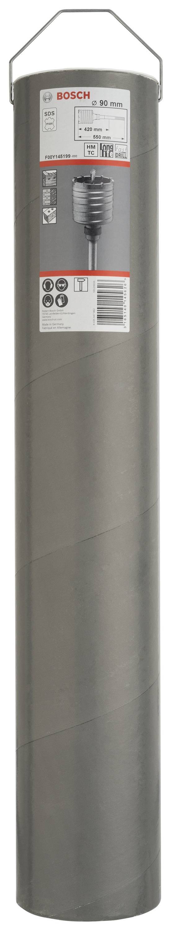 Appareil cylindrique gris avec étiquette d'emballage d'une marque d'outils. Contient des informations sur le produit et des illustrations expliquant son fonctionnement.