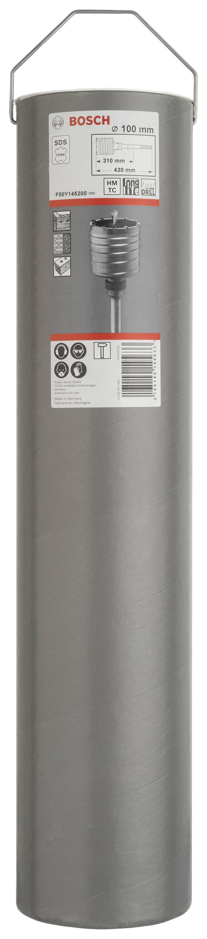Long, cylindrical metal container by Bosch with label; suitable for specialized drilling work.<br><br>Traduction française :<br><br>Long conteneur métallique cylindrique de Bosch avec étiquette ; adapté pour des travaux de perçage spécialisés.