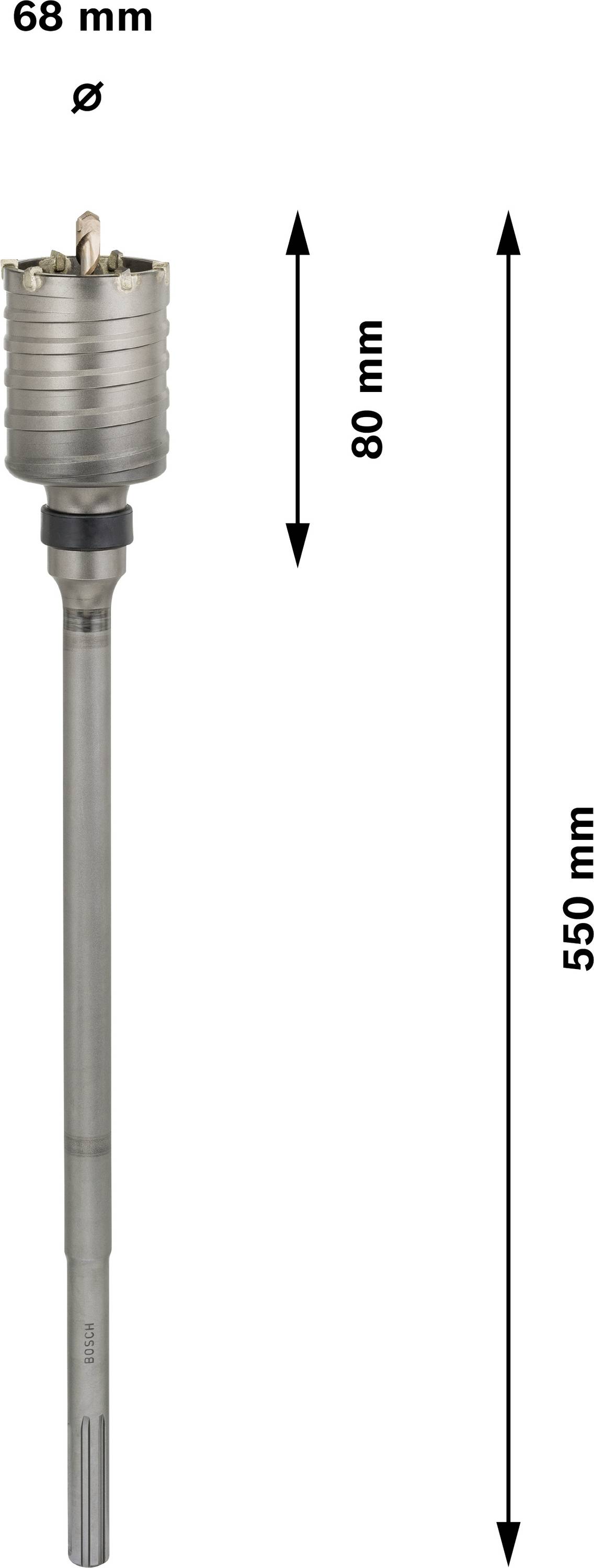 Couronne de forage d'un diamètre de 68 mm et d'une longueur totale de 550 mm. La profondeur de perçage est de 80 mm.