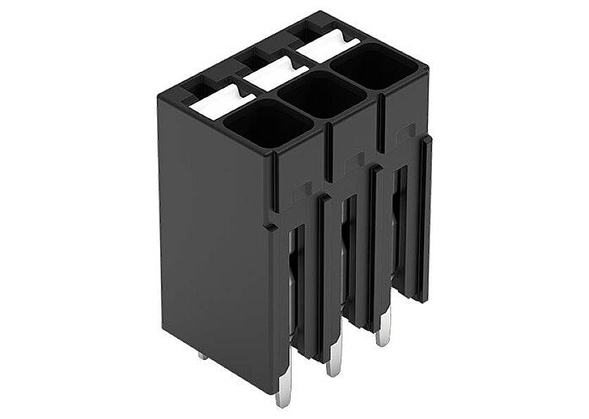 Connecteur triple noir avec broches métalliques sur la face inférieure, adapté pour les circuits électroniques ou les appareils.