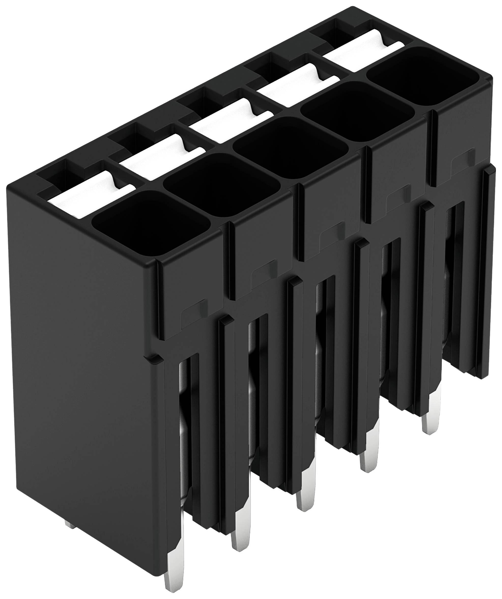 Un connecteur électrique noir avec cinq broches, disposé verticalement. Adapté aux applications électroniques.