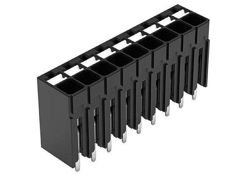 Une barrette de connexion noire à dix contacts métalliques, utilisée pour relier des composants électroniques.