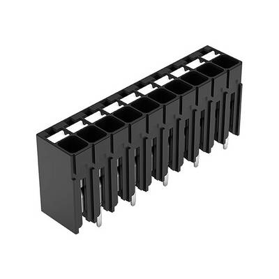Connecteur en plastique noir avec dix broches rectangulaires disposées en deux rangées, adapté aux applications électroniques.