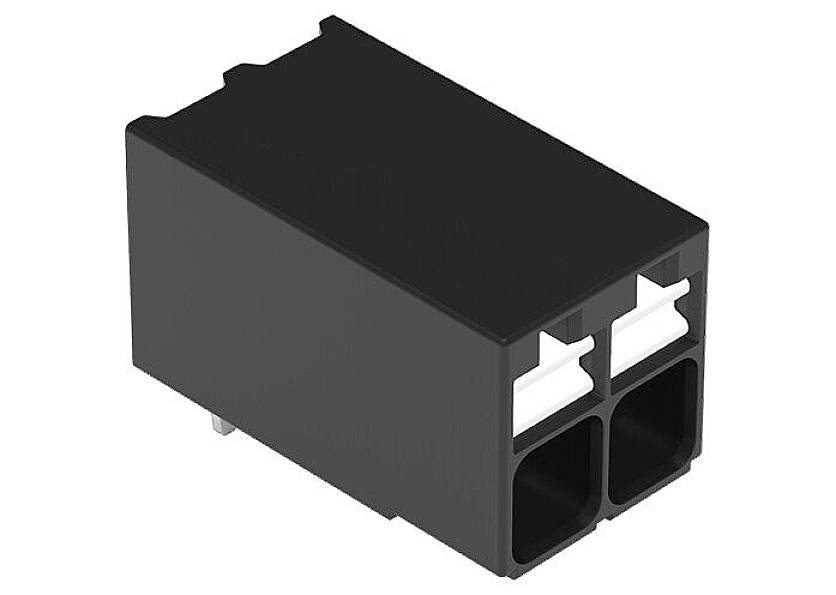 Connecteur électrique rectangulaire noir à quatre emplacements, deux par rangée, pour le raccordement électrique de composants.