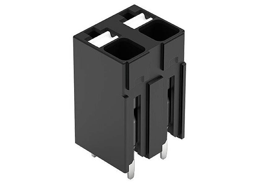 Connecteur rectangulaire noir avec deux supports et quatre broches, orienté verticalement. Adapté pour les connexions électroniques.