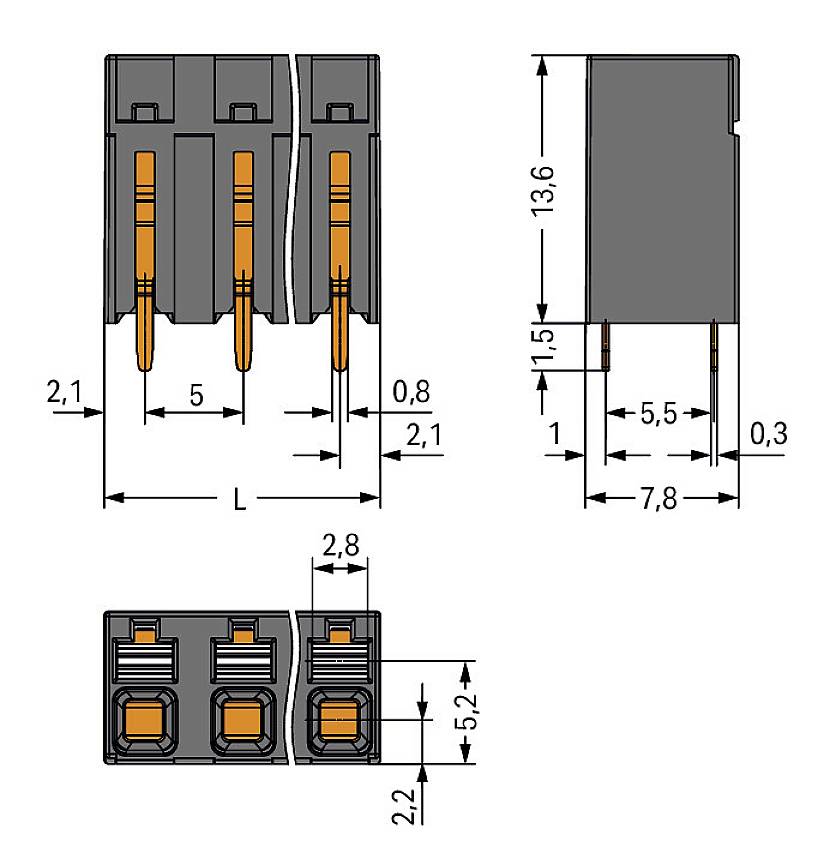 Connecteur électrique tripolaire avec des spécifications dimensionnelles détaillées : largeur 7,8 mm, hauteur 13,6 mm, et autres dimensions spécifiées.