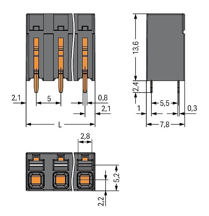 Dessin technique d'un connecteur avec ses dimensions. Vue de face et vue latérale montrant les dimensions précises en millimètres.