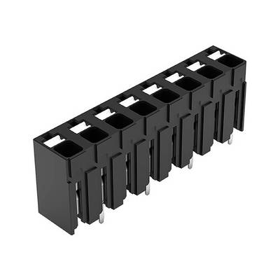 Une barrette de connecteurs noire à huit emplacements, ouverte pour les fiches de câbles. Elle convient aux connexions électroniques.