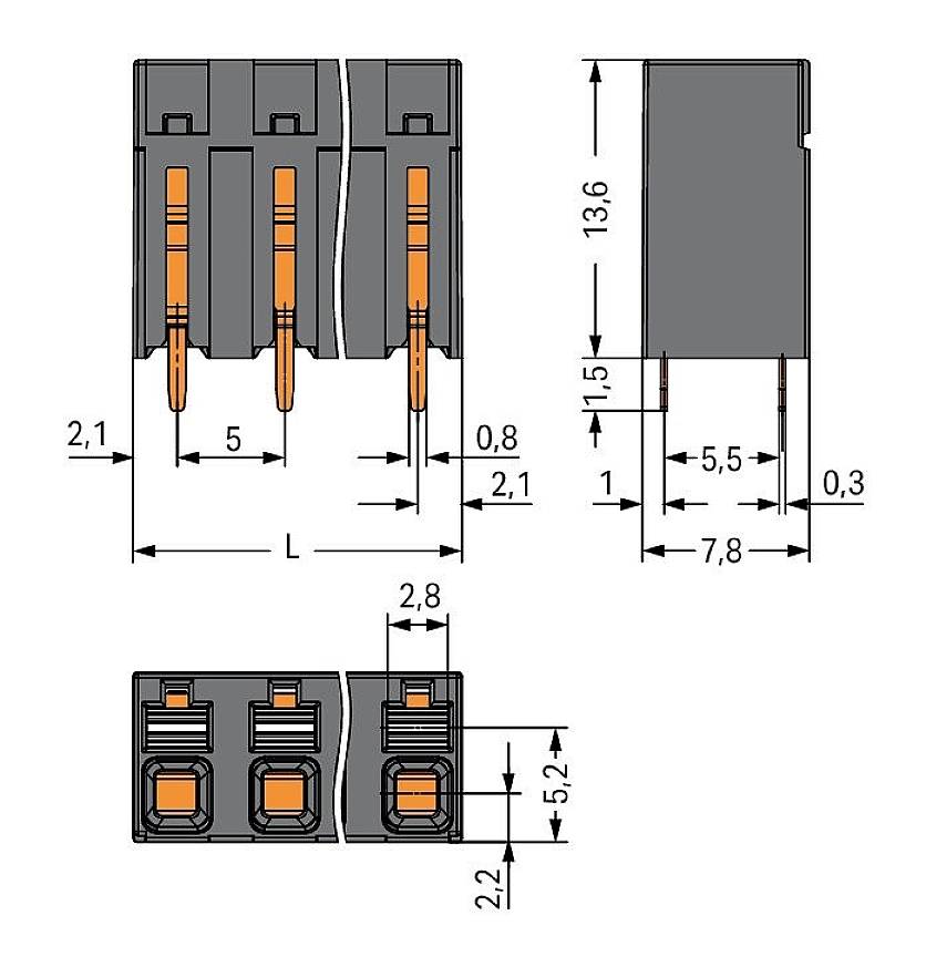 Dessin technique d'un connecteur avec des dimensions en millimètres. Vue de face et vue latérale avec des indications de largeur, hauteur et profondeur.