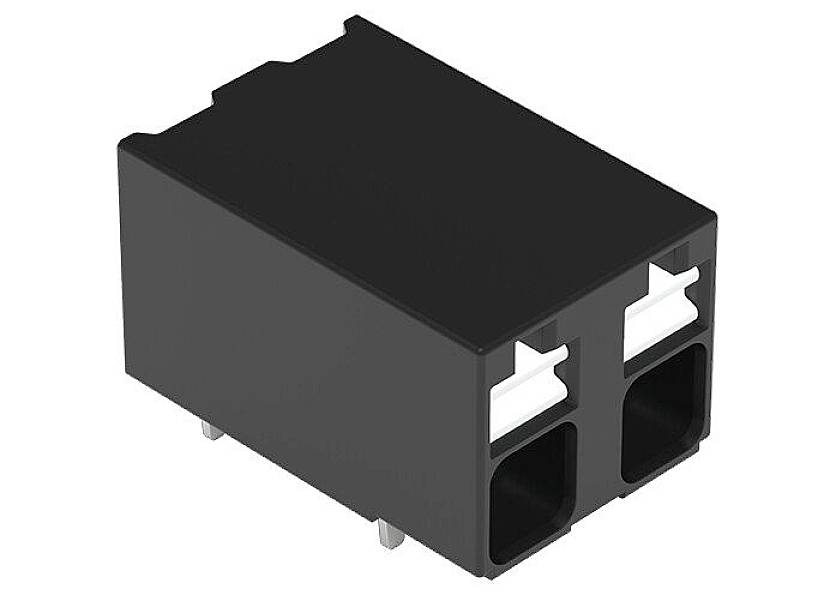 Connecteur électronique rectangulaire noir avec deux logements d'insertion blancs et des broches sur sa face inférieure.