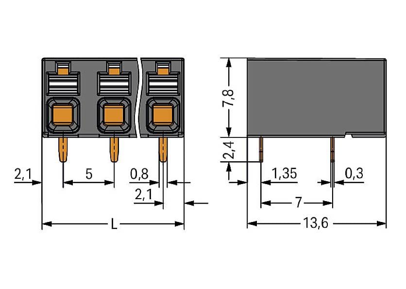 Le diagramme du 'Stecker' présente les dimensions suivantes : largeur 13,6 mm, hauteur 7,8 mm, écart entre les broches 5 mm. Vue latérale avec indications dimensionnelles pour le design.