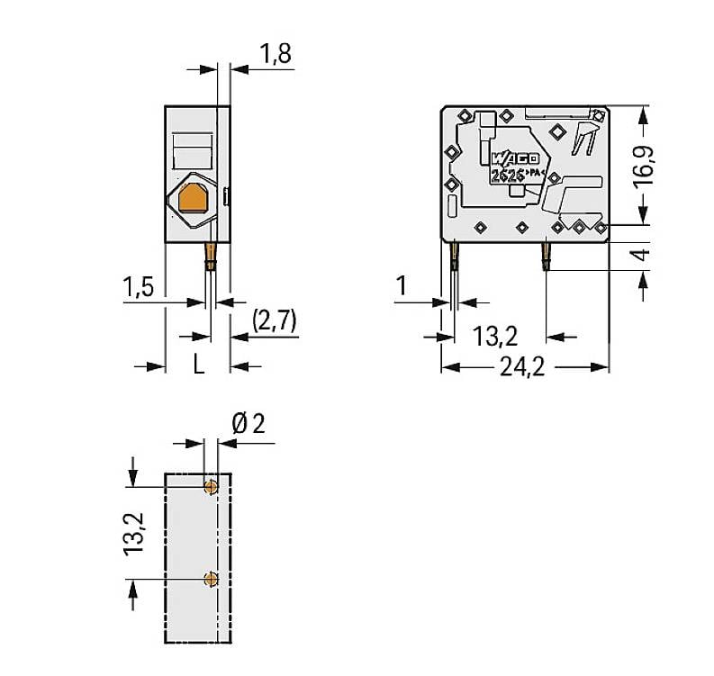 Dessin technique d'un composant rectangulaire avec les dimensions suivantes : hauteur 16,9 mm, largeur 24,2 mm, profondeur 13,2 mm. Représente les broches de connexion et les étiquettes.