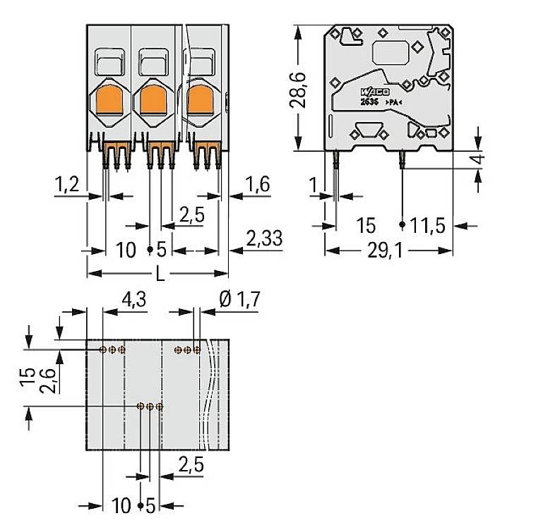 Dessin technique d'un connecteur avec des dimensions détaillées en millimètres pour la hauteur, la largeur et l'espacement des bornes.