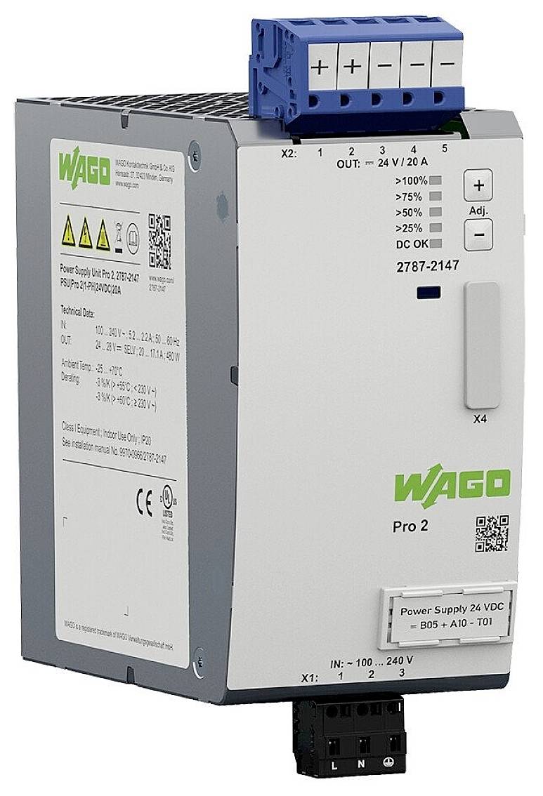 Un bloc d'alimentation WAGO Pro 2 gris avec des bornes de connexion bleues et noires, des étiquettes portant des spécifications techniques et des avertissements.