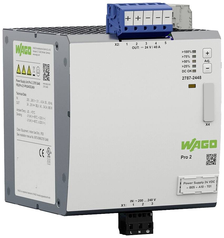 Un bloc d'alimentation WAGO, modèle Pro 2, avec des données de performance sur la face avant. Bornes de connexion en haut et en bas.