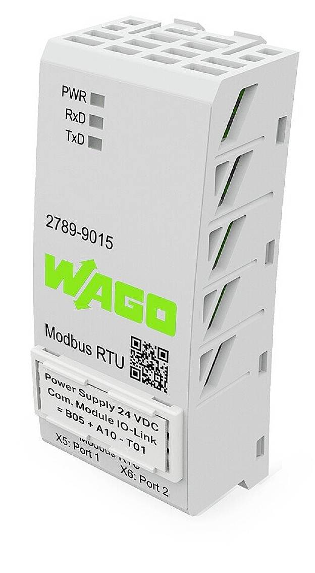 Un appareil Modbus-RTU blanc de Wago affiche des témoins lumineux pour PWR, RxD et TxD. Étiqueté 'Modbus RTU' avec des caractéristiques techniques.