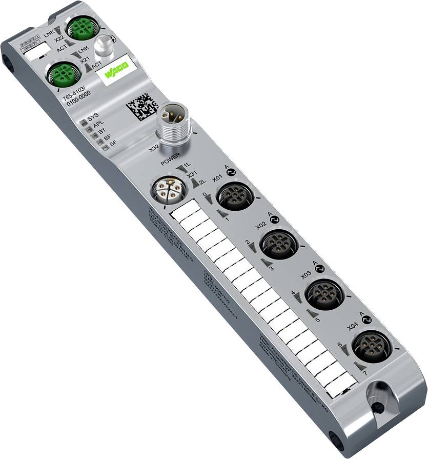 'Module d'interface bus de terrain avec plusieurs connecteurs et un code QR pour l'intégration dans des systèmes d'automatisation.'