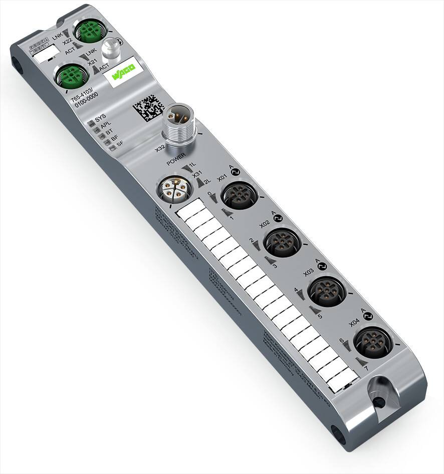 Un module électronique avec plusieurs connexions rondes et des étiquettes sur sa surface, probablement un distributeur ou une unité de commutation.