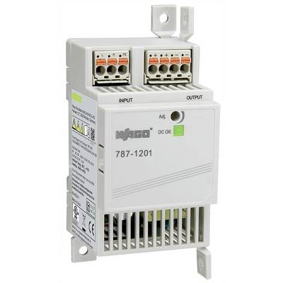 Alimentation électrique WAGO 787-1201, bornes d'entrée/sortie en haut, voyant LED 'DC OK'. Boîtier en plastique avec fentes de ventilation en bas.