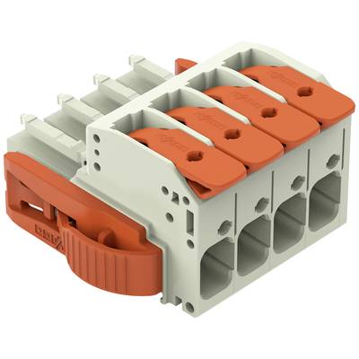 Un connecteur électrique gris avec des leviers rouges et quatre bornes pour la connexion sécurisée des fils dans les installations électriques.