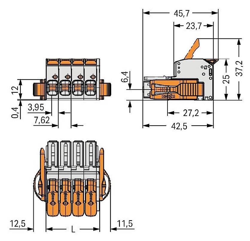 Dessin d'un connecteur électrique avec dimensions. Présente des vues de face, de dessus et de côté avec des mesures en millimètres.