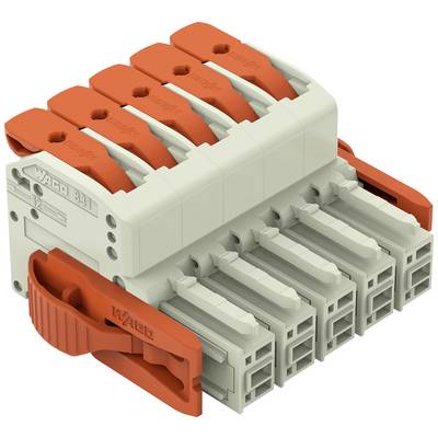Un connecteur multipolaire WAGO gris et orange pour connexions électriques, montrant six entrées et un levier de verrouillage.