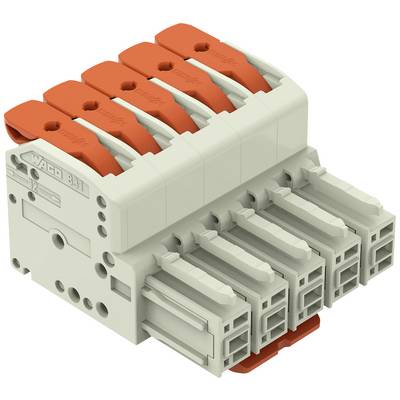 Un connecteur WAGO à cinq pôles avec des leviers orange. Il permet de connecter en toute sécurité des fils dans les installations électriques.