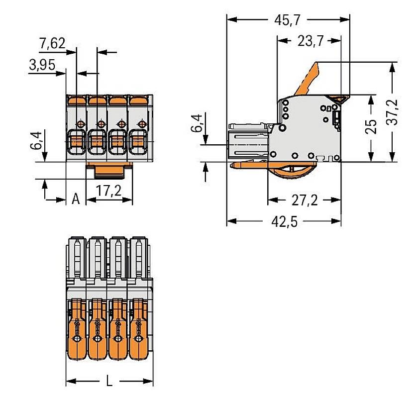 Barrette multiprise, dessin technique avec dimensions en millimètres : largeur 45,7, profondeur 42,5, hauteur de 25 à 37,2. Vue de dessus et vue latérale.