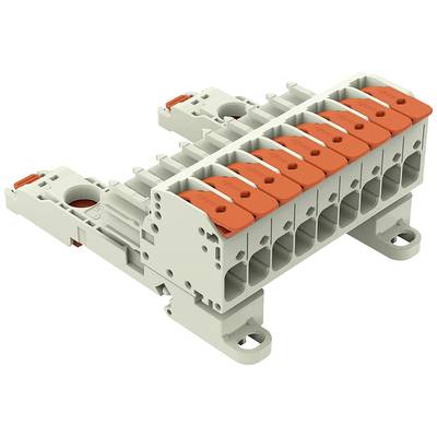 Boîtier gris de bornes électriques multipolaires avec leviers rouges, montable sur rail. Adapté pour les connexions de câbles.