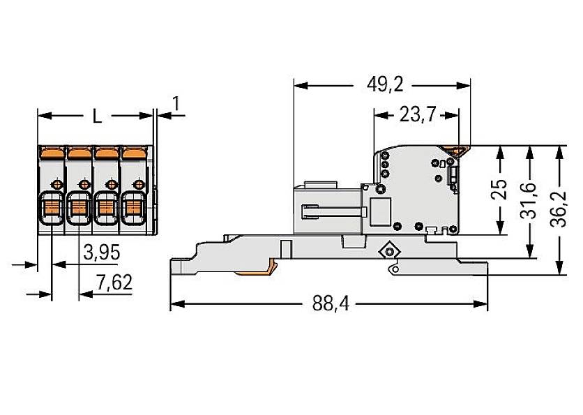 Dessin technique d'un bloc de connexion à quatre pôles avec dimensions : largeur de 49,2 mm, profondeur de 88,4 mm. Vue détaillée des bornes de connexion.