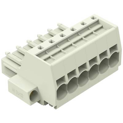 Un boîtier de connecteur électrique gris avec plusieurs emplacements pour câbles, vue en perspective de trois-quarts supérieure.