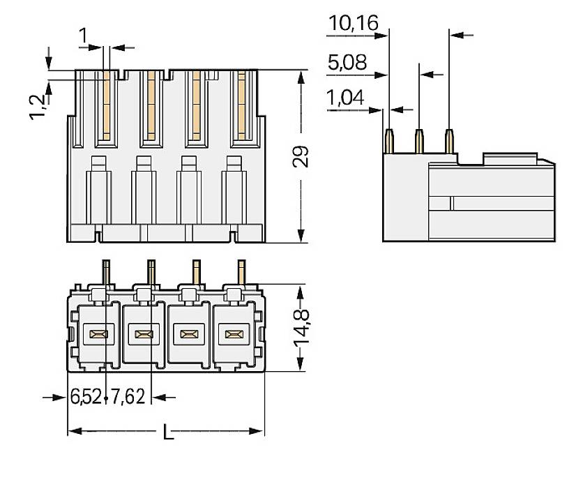 Dessin technique d'un connecteur avec dimensions en millimètres. Présente les vues de face, de côté et de dessus avec les mesures pertinentes.