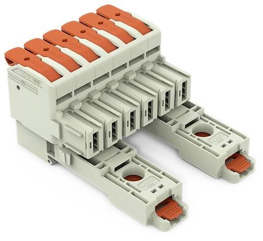 Un bloc de bornes de jonction enfichable à six pôles avec des leviers orange, portant l'inscription 'Wago 221', utilisé en électrotechnique.