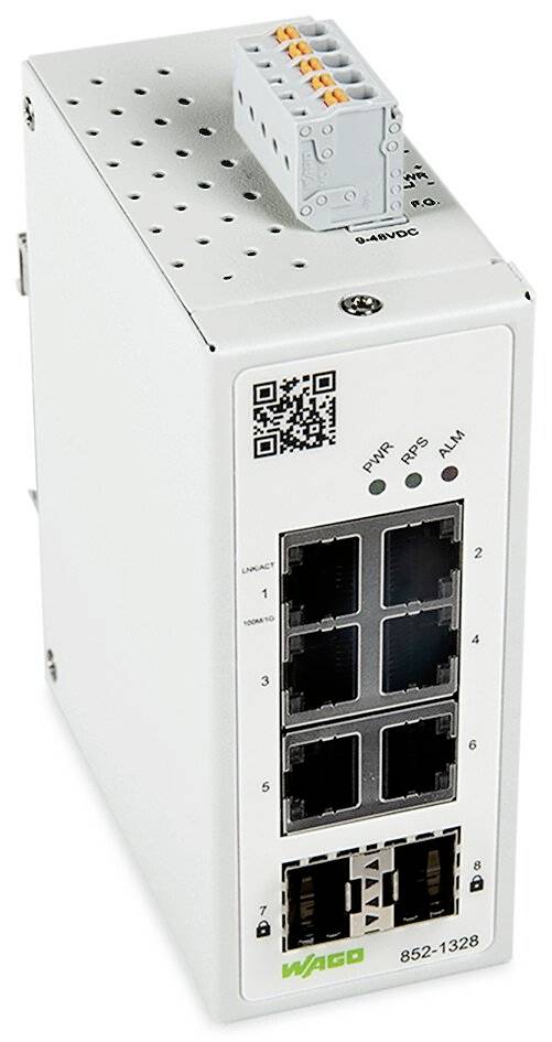 Commutateur réseau avec six ports Ethernet et deux connexions à fibre optique, avec des voyants LED en façade pour l'alimentation, PoE et les alarmes en haut de l'appareil.