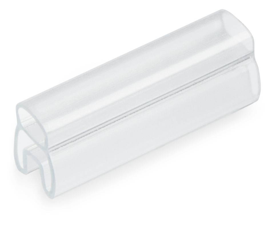 Un attache-câble transparent et courbé utilisé pour fixer des objets ou des documents.